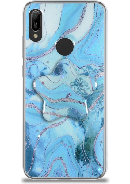 CaseWorld Huawei Y6 2019 Kapak Mermer Desenli Pop Socketli Silikon Kılıf - Mavi