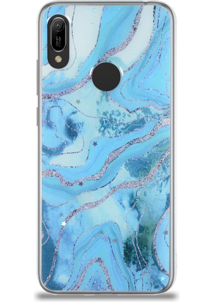 CaseWorld Huawei Y6 2019 Kapak Mermer Desenli Pop Socketli Silikon Kılıf - Mavi fiyatları