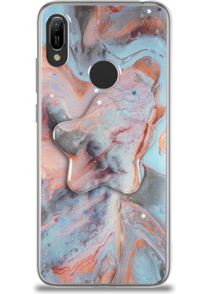 CaseWorld Huawei Y6 2019 Kapak Mermer Desenli Pop Socketli Silikon Kılıf - Mercan