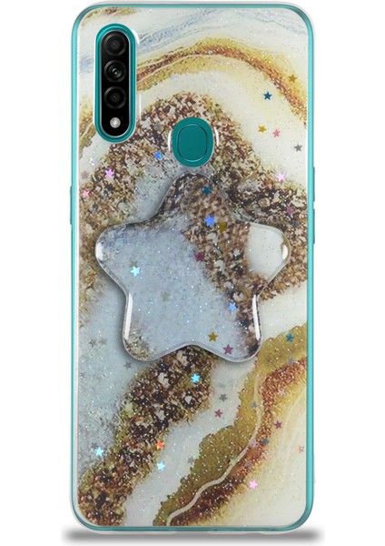 CaseWorld Oppo A31 Kapak Mermer Desenli Pop Socketli Silikon Kılıf - Gold