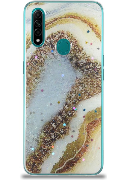 CaseWorld Oppo A31 Kapak Mermer Desenli Pop Socketli Silikon Kılıf - Gold