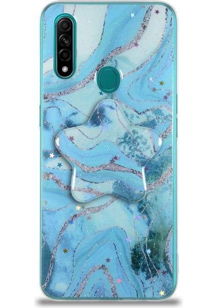 CaseWorld Oppo A31 Kapak Mermer Desenli Pop Socketli Silikon Kılıf - Mavi