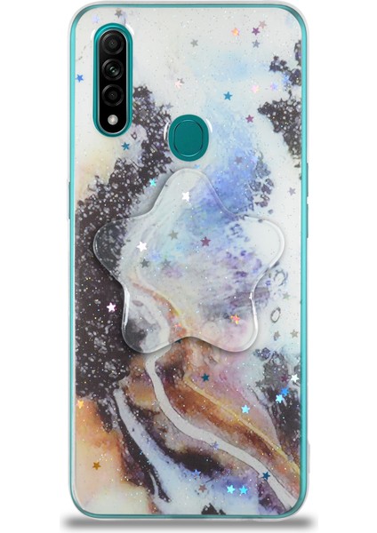 CaseWorld Oppo A31 Kapak Mermer Desenli Pop Socketli Silikon Kılıf - Mor