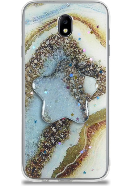 CaseWorld Samsung Galaxy J7 Pro Kapak Mermer Desenli Pop Socketli Silikon Kılıf - Gold