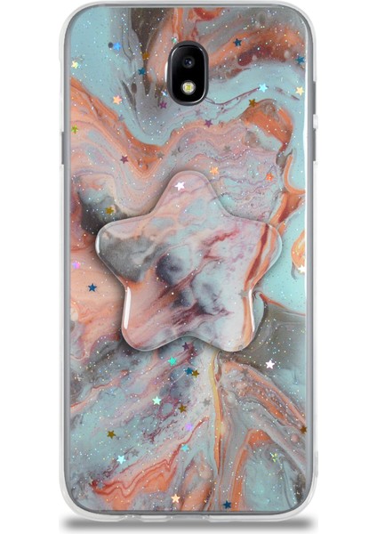 CaseWorld Samsung Galaxy J7 Pro Kapak Mermer Desenli Pop Socketli Silikon Kılıf - Mercan