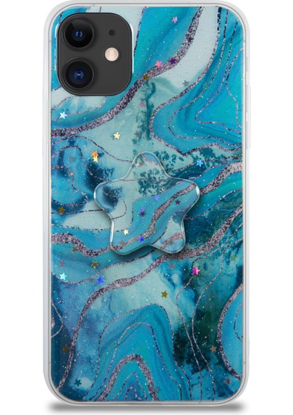 CaseWorld Apple iPhone 11 Kapak Mermer Desenli Pop Socketli Silikon Kılıf - Mavi