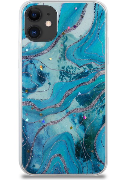 CaseWorld Apple iPhone 11 Kapak Mermer Desenli Pop Socketli Silikon Kılıf - Mavi