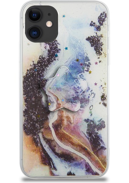 CaseWorld Apple iPhone 11 Kapak Mermer Desenli Pop Socketli Silikon Kılıf - Mor