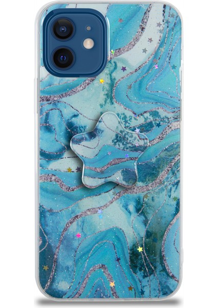 CaseWorld Apple iPhone 12 Kapak Mermer Desenli Pop Socketli Silikon Kılıf - Mavi