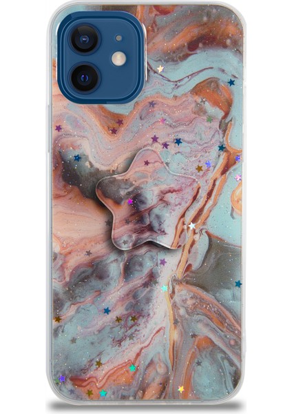 CaseWorld Apple iPhone 12 Kapak Mermer Desenli Pop Socketli Silikon Kılıf - Mercan