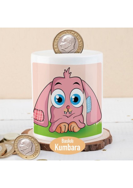 Mavi Gözlü Pembe Tavşan Baskılı Para Birikim KUMBARASI-210