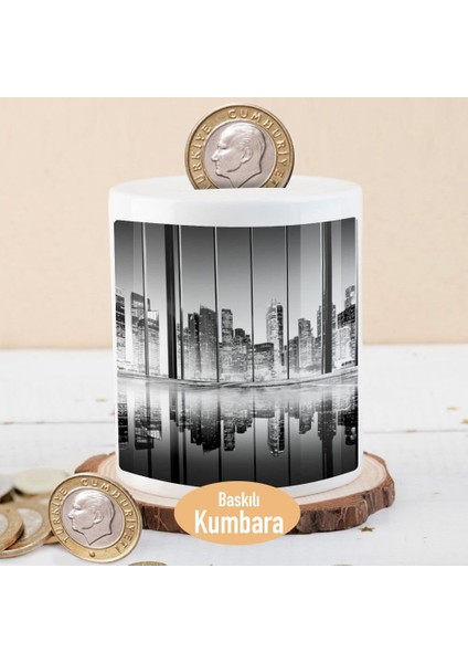 Siyah Beyaz Şehir Manzarası Para Birikim KUMBARASI-53876-16312