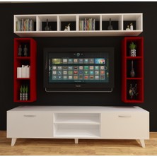 Dekormer Design Tv Ünitesi Dolaplı Kırmızı Beyaz 180 cm ve Kitaplıklar