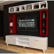 Dekormer Design Tv Ünitesi Dolaplı Kırmızı Beyaz 180 cm ve Kitaplıklar