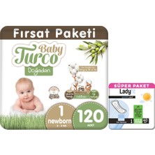 Baby Turco Doğadan Fırsat Paketi Bebek Bezi 1 Numara Newborn 120 Adet + Günlük Ped Normal 40 Adet