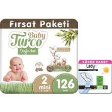 Baby Turco Doğadan Fırsat Paketi Bebek Bezi 2 Numara Mini 126 Adet + Günlük Ped Normal 40 Adet