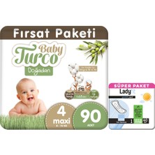 Baby Turco Doğadan Fırsat Paketi Bebek Bezi 4 Numara Maxi 90 Adet + Günlük Ped Normal 40 Adet