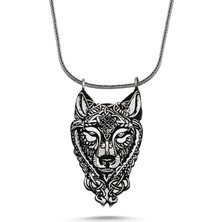 Takılingo Üç Boyutlu Kurt Başlı Gümüş Erkek Kolye