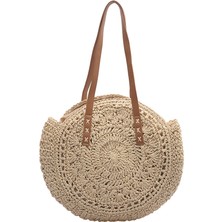 Hong Store Kadın Tuvarlak Hasır Dokuma Omuz Çantası - Beyaz (Yurt Dışından)