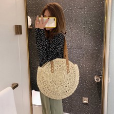 Hong Store Kadın Tuvarlak Hasır Dokuma Omuz Çantası - Beyaz (Yurt Dışından)