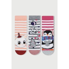 Mem Socks 3'lü Simli Tavşan-Penguen Desenli Kaydırmaz Havlu Çocuk Çorabı