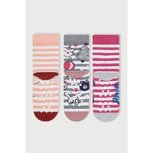 Mem Socks 3'lü Simli Tavşan-Penguen Desenli Kaydırmaz Havlu Çocuk Çorabı