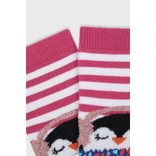 Mem Socks 3'lü Simli Tavşan-Penguen Desenli Kaydırmaz Havlu Çocuk Çorabı