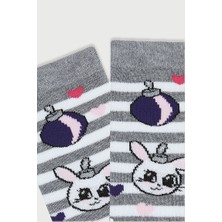 Mem Socks 3'lü Simli Tavşan-Penguen Desenli Kaydırmaz Havlu Çocuk Çorabı