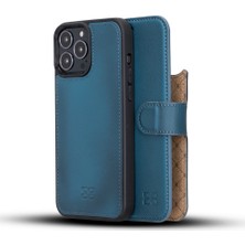 Bouletta Apple iPhone 13 Pro Max Uyumlu Deri Cüzdanlı Kılıf Magsafe Rfıd BRN4EF Mavi