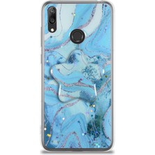 Kzy Huawei Y7 2019 Kapak Mermer Desenli Pop Socketli Silikon Kılıf - Mavi