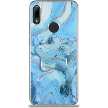 Kzy Huawei Y6S Kapak Mermer Desenli Pop Socketli Silikon Kılıf - Mavi