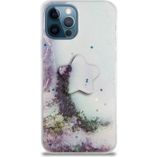 Kzy Apple iPhone 12 Pro Kapak Mermer Desenli Pop Socketli Silikon Kılıf - Beyaz