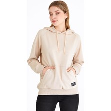 Mmetalic Kadın Bej Kapüşonlu Basic Örme Sweatshirt