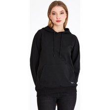 Mmetalic Kadın Siyah Kapüşonlu Basic Örme Sweatshirt