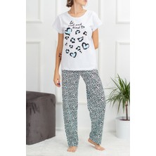 Yabgu Kadın Beyaz Mavi Leopar Desenli Pamuklu Kısa Kollu Pijama Takımı