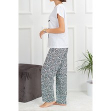 Yabgu Kadın Beyaz Mavi Leopar Desenli Pamuklu Kısa Kollu Pijama Takımı