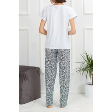 Yabgu Kadın Beyaz Mavi Leopar Desenli Pamuklu Kısa Kollu Pijama Takımı