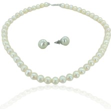 MaGümüş Tek Sıra Dizi Inci Kolye Top Küpe 925 Gümüş Set Takım