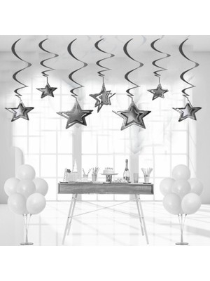 Tam İthalat 3D Spiralli Gümüş Renk Yıldız Tavan Süsü 10 Adet