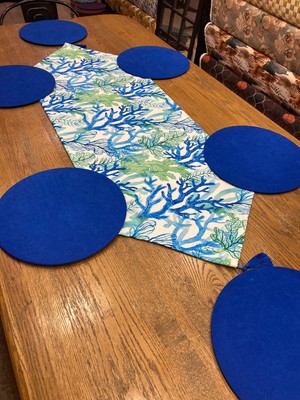 Tue Home Design Mavi Yeşil Mercan Desen Runner Supla Takım 45 x 135 cm