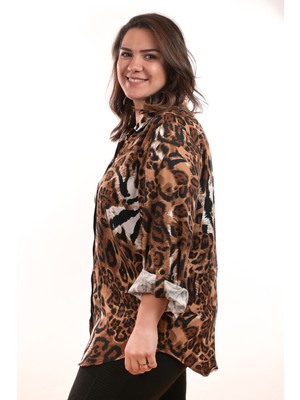 Işıltı fashion Leopar Desenli Büyük Beden Gömlek