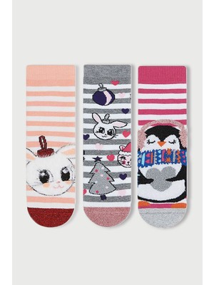 Mem Socks 3'lü Simli Tavşan-Penguen Desenli Kaydırmaz Havlu Çocuk Çorabı