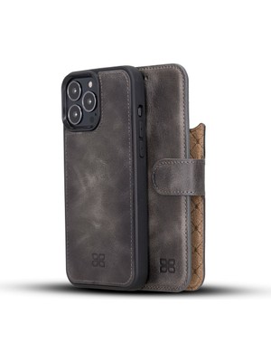 Bouletta Apple iPhone 13 Pro Max Uyumlu Deri Cüzdanlı Kılıf Magsafe Rfıd TN18EF Gri