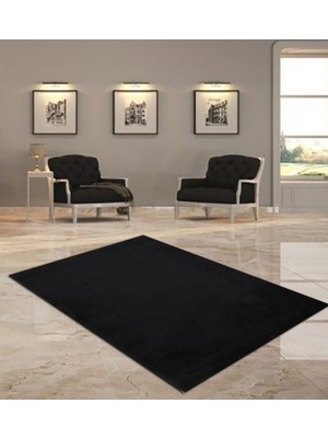 Besely Siyah Renk Yumuşak Dokulu Kaymaz Taban Peluş Halı-Yolluk