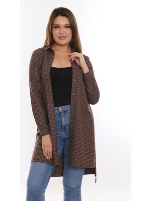 Disentis Modest Kareli Göğüsten Cepli Asimetrik Kesim Detaylı Kuşaklı Uzun Dokuma Tunik Gömlek