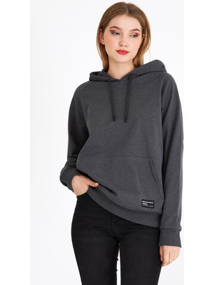 Mmetalic Kadın Antrasit Kapüşonlu Basic Örme Sweatshirt