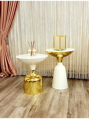 Evden İste Olympos Dekoratif Parlak Beyaz Model Gold Sehpa 50 ve 55 cm