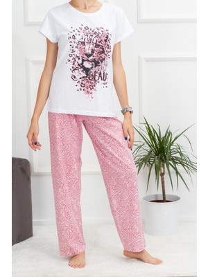 Yabgu Kadın Beyaz Pembe Leopar Desenli Pamuklu Kısa Kollu Pijama Takımı