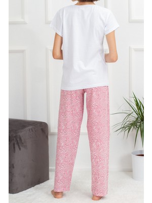 Yabgu Kadın Beyaz Pembe Leopar Desenli Pamuklu Kısa Kollu Pijama Takımı