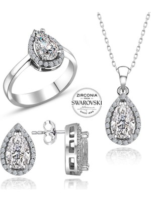 MaGümüş Sertifikalı Swarovski Damla Taşlı Tek Taş 925 Gümüş Set